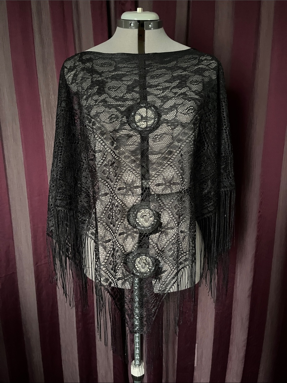 Maggie Barnes Crochet Lace Fringe Poncho/Shawl, Black, One Size